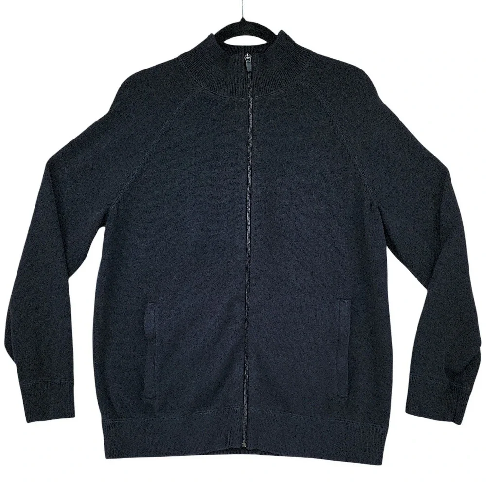 Lands End Full Zip Cardigan M Mens Sweater Black Cotton Modal Neck Dark Academia